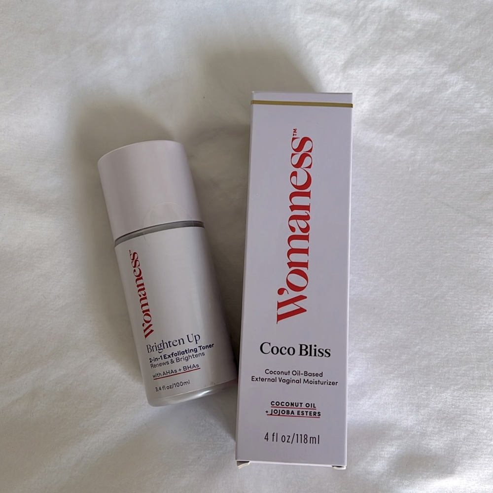 New Womaness brighten up two in one exfoliating toner & Coco Bliss moisturizer